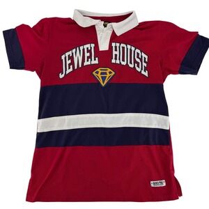 Jewel House Denim Company Mens L Rugby Polo Shirt Red Navy Colorblock Diamond